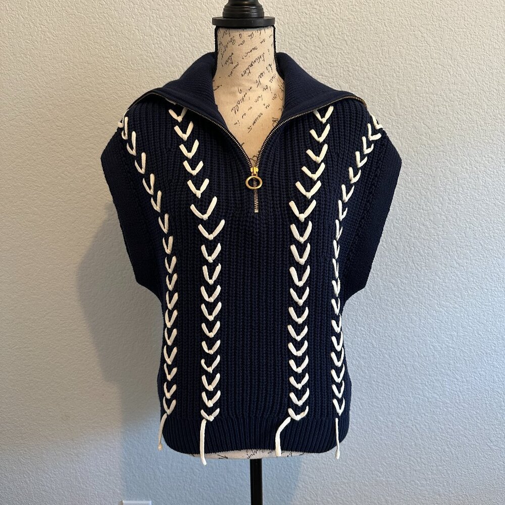 Scotch and Soda Lace Detail Half Zip Collared Sleeveless Vest Navy Size S